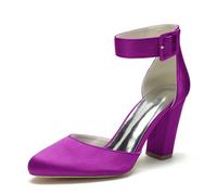 ENWIND Chunky Block High Heels for Women Ankle Strap Buckle Round Toe Bridesmaid Bride Wedding Party Shoes,Purple,6 UK