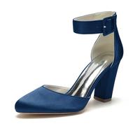 ENWIND Chunky Block High Heels for Women Ankle Strap Buckle Round Toe Bridesmaid Bride Wedding Party Shoes,Navy,8 UK