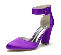 ENWIND Chunky Block High Heels for Women Ankle Strap Buckle Round Toe Bridesmaid Bride Wedding Party Shoes,Dark Purple,4 UK