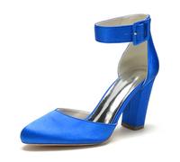 ENWIND Chunky Block High Heels for Women Ankle Strap Buckle Round Toe Bridesmaid Bride Wedding Party Shoes,Blue,2 UK