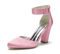 ENWIND Chunky Block High Heels for Women Ankle Strap Buckle Round Toe Bridesmaid Bride Wedding Party Shoes,Pink,9 UK