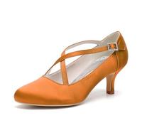 ENWIND Kitten Heels for Women Low Heel Closed Toe Satin Evening Dress Wedding Shoes with Cross Strap,Orange,9 UK