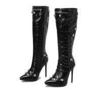 ENWIND Knee High Boots Sexy Pointed Toe Rivets Stilettos Side Zipper Nightclub Stripper High Heels for Women,Black,12 UK