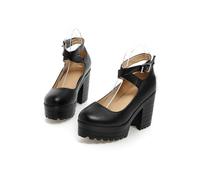 ENWIND Mary Jane Heels for Women Closed Round Toe Chunky Lug Sole Pump with Adjustable Strap Block Heel Wedding Party Dress Shoes,Black,9 UK