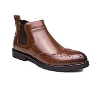 ENWIND Men Genuine Leather Brogue Wingtip Casual Dress Boots Comfortable Classic Slip On Ankle High Chelsea Boots for Office Casual Travel,Brown,10 UK