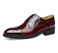 ENWIND Men Oxford Dress Shoes Lace Up Patchwork Brogues Punched Round Toe Wing Tips,Burgundy,8.5 UK