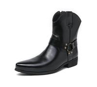 ENWIND Men's Chelsea Boots with Belt Buckle Side Zipper Low Block Heel Western Cowboy Boots Casual Business Chukka Booties,Black,5 UK