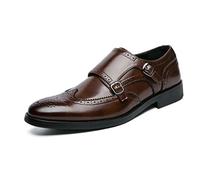 ENWIND Men's Double Monk Strap Wing Tip Perforated Slip On Loafers Formal Business Wedding Dress Shoes,Brown,10 UK
