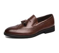 ENWIND Men's Faux Leather with Tassel Slip On Loafers Brogue Low Heel Wingtip Dress Shoes for Party Wedding Formal Business Office,Brown,7.5 UK