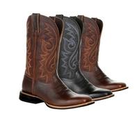 ENWIND Men's High Tube Embroidery Retro Leather Boots Wide-Head Western Cowboy Boots Pull-On Middle Tube Thick Booties,Black,5 UK