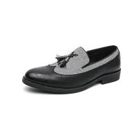 ENWIND Men's Leather Tassel Low Heel Formal Loafers Round Toe Non-Slip Slip-On Business Flat Moccasin Shoes,Black,8.5 UK