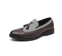 ENWIND Men's Leather Tassel Low Heel Formal Loafers Round Toe Non-Slip Slip-On Business Flat Moccasin Shoes,Brown,5.5 UK