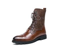 ENWIND Men's Patchwork Rivet Combat Boots Lace Up Round Toe Low Block Heel Mid Calf Riding Hunting Boots,Brown,8.5 UK