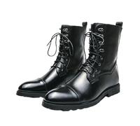 ENWIND Men's Patchwork Rivet Combat Boots Lace Up Round Toe Low Block Heel Mid Calf Riding Hunting Boots,Black,5 UK