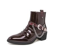 ENWIND Men's Patent Leather Cowboy Boots Western Dress Boots with Buckles Party, Rock Motorcycle Booties,Red,5 UK