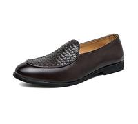 ENWIND Men's Pattern Leather Slip on Round Toe Low Top Non-Slip Casual Dress Shoes Flat Penny Loafer for Dating Business Party,Brown,11 UK