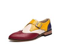 ENWIND Men's Pointed Toe Brogues Multicolor Patchwork Wingtips Shoes Punched Single Monk Strap Loafer,Red,8.5 UK