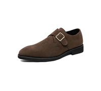 ENWIND Men's Suede Monk Buckle Dress Loafers Plain Toe Slip on Low top Business Tuxedo Formal Casual Shoes,Brown,9 UK