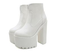 ENWIND Platform Boots for Women Heeled Combat Boots Chunky Heel Booties Round Toe Side Zipper High Heel Ankle Boots,White,8 UK