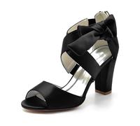 ENWIND Satin Wedding Sandals for Women Low Chunky Block Heel Cute Bow Peep Toe Back Zipper Bridal Shoes,Black,5 UK