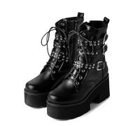ENWIND Women Buckle Goth Chunky Platform Ankle Boots Lace Up High Heel Motorcycle Boots with Rivet,Black,12 UK