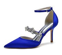 ENWIND Women High Heel Wedding Shoes for Bride Closed Toe Ankle Strap Pumps Satin Crystals Prom Evening Party Dress Stilettos,Royal Blue,6 UK