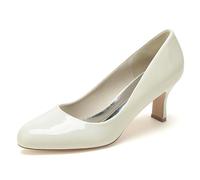 ENWIND Women Round Toe Patent Leather Pumps Stiletto Mid Heel Slip-On Dress Shoes Office Business Heels,Ivory,4 UK