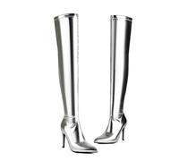 ENWIND Women Stiletto High Heel Over The Knee Boots Pointed Toe Stretch Faux Leather Long Boots Thigh High Winter Night Club Boots,Silver,6 UK