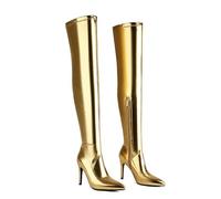 ENWIND Women Stiletto High Heel Over The Knee Boots Pointed Toe Stretch Faux Leather Long Boots Thigh High Winter Night Club Boots,Gold,15 UK