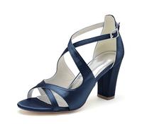 ENWIND Women's Block Heel Sandals, 3.34 Inch Round Peep Toe Cut Cross Strap Dress Heels for Wedding Party Work Daily,Navy,2 UK
