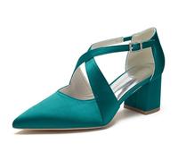 ENWIND Women's Chunky Heel Bridal Pumps Closed Pointed Toe Block Heel Dress Shoes for Party Dance Wedding with Cross Strap,Teal,7 UK