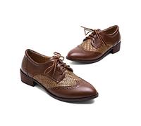 ENWIND Women's Chunky Low Heels Oxfords Saddle Shoes Wingtip Brogues Perforated Flats Lace Up Derby Leather Shoes,Brown,7 UK
