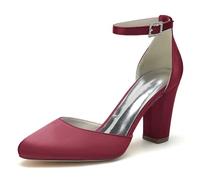ENWIND Women's Closed Toe Chunky Heels Ankle Strap High Block Heels Closed Round Toe Dress Bridal Wedding Pumps Shoes,Burgundy,5 UK