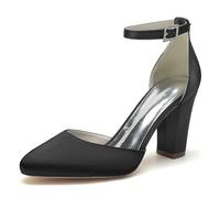 ENWIND Women's Closed Toe Chunky Heels Ankle Strap High Block Heels Closed Round Toe Dress Bridal Wedding Pumps Shoes,Black,4 UK