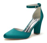 ENWIND Women's Closed Toe Chunky Heels Ankle Strap High Block Heels Closed Round Toe Dress Bridal Wedding Pumps Shoes,Teal,10 UK