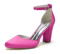 ENWIND Women's Closed Toe Chunky Heels Ankle Strap High Block Heels Closed Round Toe Dress Bridal Wedding Pumps Shoes,Fuchsia,9 UK