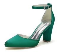 ENWIND Women's Closed Toe Chunky Heels Ankle Strap High Block Heels Closed Round Toe Dress Bridal Wedding Pumps Shoes,Green,10 UK