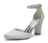 ENWIND Women's Closed Toe Chunky Heels Ankle Strap High Block Heels Closed Round Toe Dress Bridal Wedding Pumps Shoes,Silver,10 UK