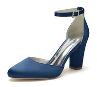 ENWIND Women's Closed Toe Chunky Heels Ankle Strap High Block Heels Closed Round Toe Dress Bridal Wedding Pumps Shoes,Navy,9 UK