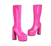 ENWIND Women's Elastic Knee High Boots Platform Block High Heel Mid Calf Boots with Zipper,Pink,14 UK