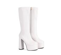 ENWIND Women's Elastic Knee High Boots Platform Block High Heel Mid Calf Boots with Zipper,White,5 UK