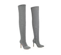 ENWIND Women's Glitter PU Thigh High Boots Pointy Toe Side Zippe Sexy Stiletto High Heel Over The Knee Boots,Silver,15 UK