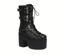 ENWIND Women's Goth Platform Boots Chunky High Heels Sexy Closed Toe Lace Up Stripper Punk Buckle Booties,Black,1 UK