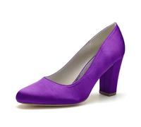 ENWIND Women's High Chunky Block Closed Toe Heels Slip On Round Toe Work Dress Office Wedding Party Pumps Shoes,Dark Purple,6 UK