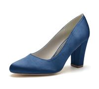 ENWIND Women's High Chunky Block Closed Toe Heels Slip On Round Toe Work Dress Office Wedding Party Pumps Shoes,Navy,6 UK