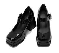 ENWIND Women's High Heels Square Toe Mary Jane Pumps Chunky Heel Platform Office Lady Party Events Dress Shoes,Black,5 UK