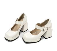 ENWIND Women's High Heels Square Toe Mary Jane Pumps Chunky Heel Platform Office Lady Party Events Dress Shoes,White,4 UK