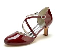 ENWIND Women's Kitten Small Heel Wedding Shoes Cross Strap Bridal Dance Dress Shoes,Burgundy,6 UK