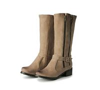 ENWIND Women's Knee High Boots Buckle Strap Low Flat Heel Side Zip Round Toe Riding Boots,Apricot,6 UK