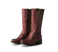 ENWIND Women's Knee High Boots Buckle Strap Low Flat Heel Side Zip Round Toe Riding Boots,Burgundy,7 UK